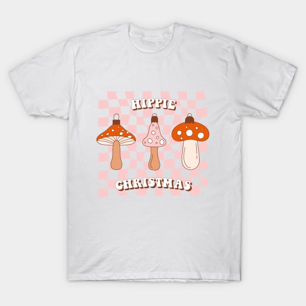 Vintage Merry Mushrooms. Retro vintage Christmas groovy toys of mushroom on checkerboard background. T-Shirt by CoCoArt-Ua